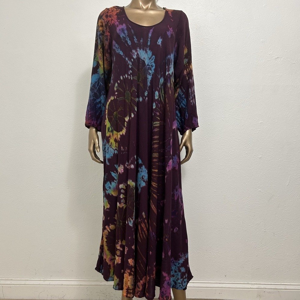 Tucan Tango Purple ColorfulTie Dye Maxi Shirt Dress One Size Hippie Bohemian